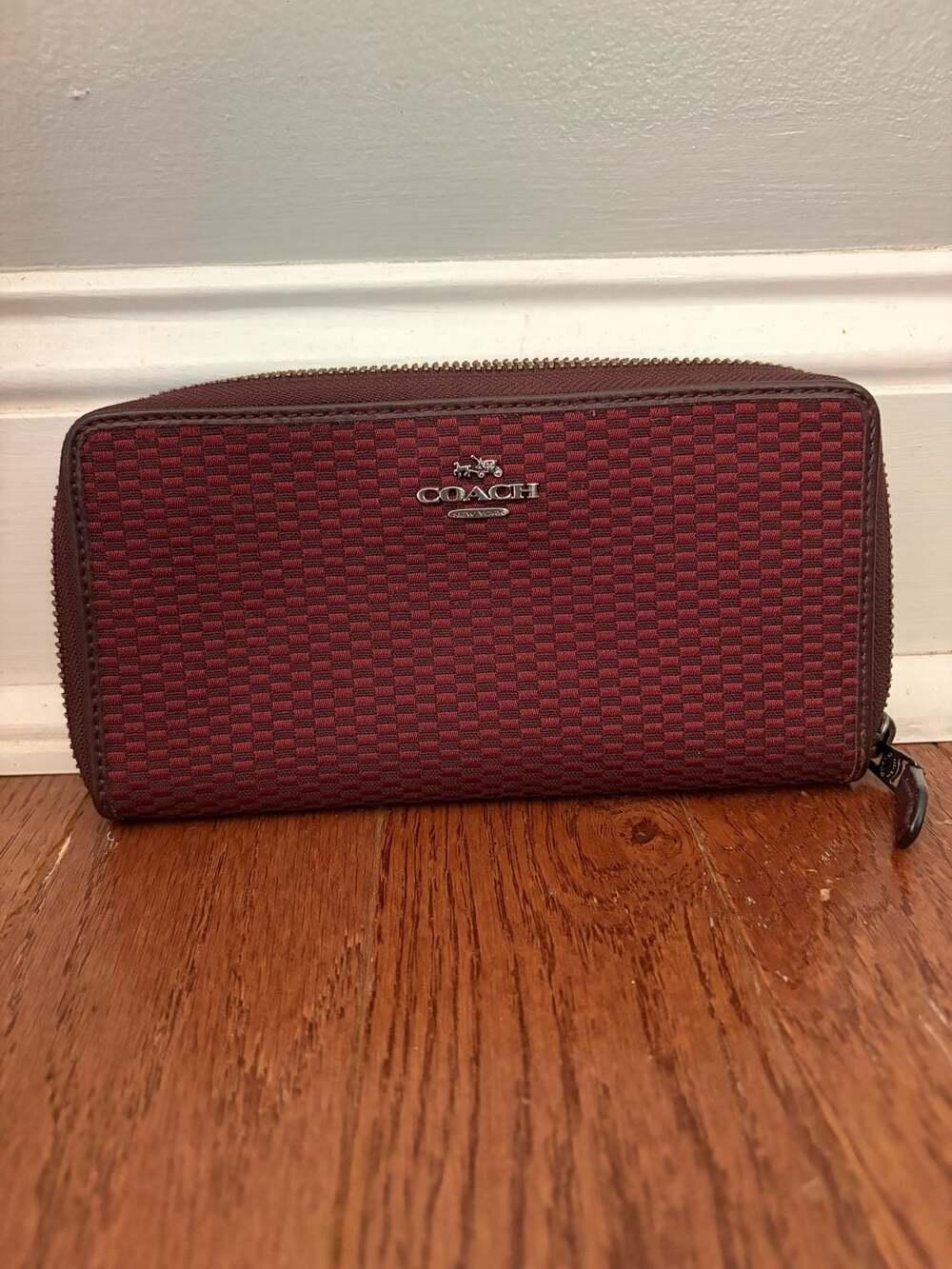 Coach Burgundy Checkered Jacquard Zip Around Accordion Wallet